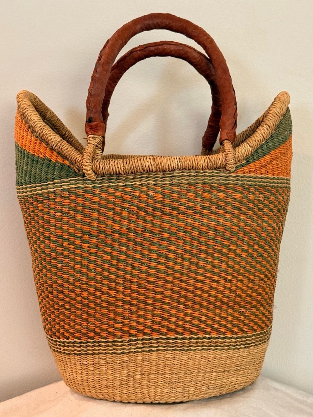 Handwoven African Straw Tote in Orange, Green and Natural with Leather Handles - Picture 2 of 11